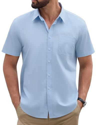 heekpek Chemise Homme Manches Courtes été Leger Chemisette T-Shirt Boutonnée Chemises avec Poche, Bleu Clair, XXL