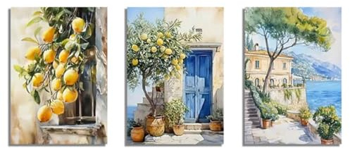 Xiyocadt Set of 3 Posters, Summer Lemon Olive Tree Wall Pictures Living Room, Vintage Mediterranean Landscape Art Print Canvas Pictures for Bedroom, Without Frame (A,50x70cm)