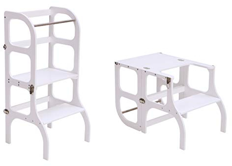 Ette Tete STEP'n'SIT® • Wandelbare Montessori Lernturm + Tisch, 2 in 1 (mit Silberverschlüssen, Weiß)