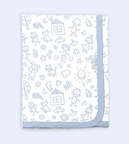 Ti TIN Coperta in Cotone Morbido e Assorbente per Neonato | Coperta Avvolgente 100% Cotone con Doppio Strato 2x180gr/m², 80x75 cm, Stampa Disegni Bambini, Colore Celeste