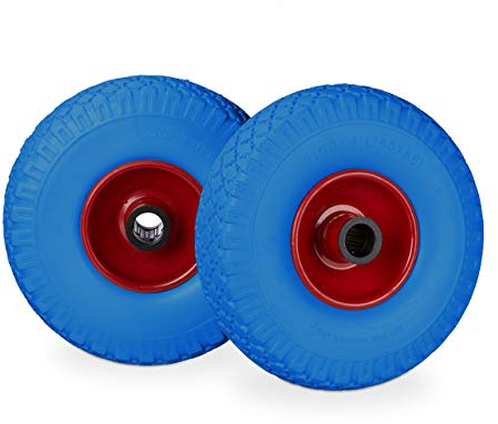 Relaxdays Set di 2 Ruote per Carrelli a Mano, Gomma Piena Antipanne, Asse 25mm, 100 kg, max, 260x85mm, Blu-Rosso