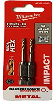 Milwaukee Shockwave Metal Drill Bit HSS-G Red Hex Titanium 1/4 Inch 3.2 x 66.5 mm Pack of 2