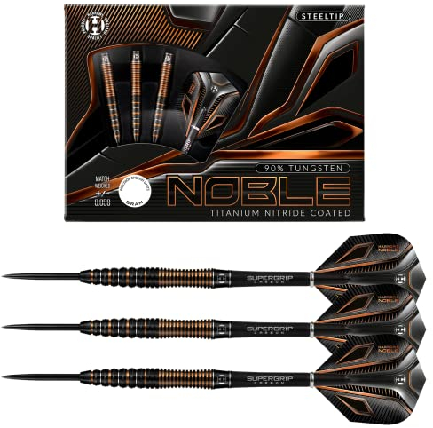Harrows Noble 90% Tungsten Black Darts | Darts-Set mit Stahlspitze| 21g, 22g, 23g, 24g, 25g & 26g | Enthält Supergrip-Carbonschäfte und 100-Mikron-Noble-Flights (22g)