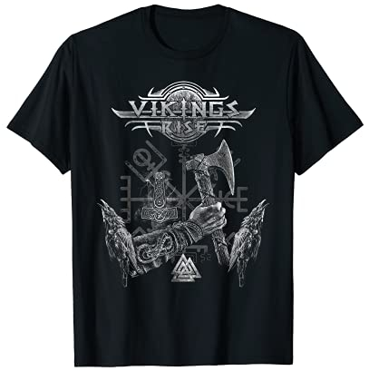 Vikings Rise Logo Wikinger Axt Krähen Valknut Thor Hammer Urnen T-Shirt