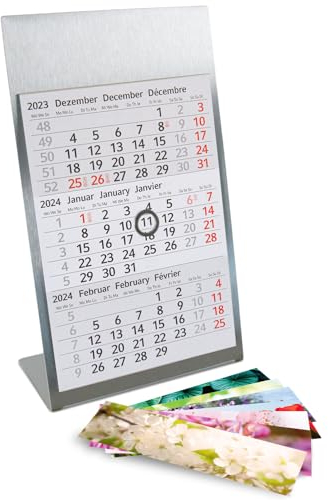 Tischkalender zum Aufstellen aus Edelstahl I Natur-Motive I für 2 Jahre 2025/2026 I 3-Monats-Kalender Block Magnet I mehrsprachig D/GB/F I Silber matt klein I tr083