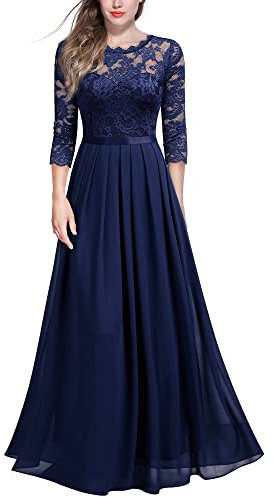 MIUSOL Women's Retro Floral Lace 3/4 Sleeve Wedding Bridesmaid Maxi Dress (Large, Navy Blue)