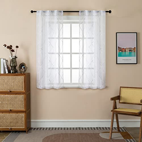 GIRASOLE HOME® Coppia Tende Voile Filtranti Fantasia Geometrica Argentata Tenda Bianca per Interni con Tasca e Passanti Nascosti 2 Pannelli (Geometria Argento, 70x145cm)