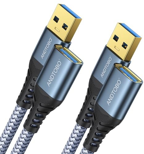 ANDTOBO 2 Pack USB Extension Cable 2M, USB 3.0 Type A Male to Female Extender Cables High-Speed Data Transfer 5Gbps Compatible with Gamepad, Printer, Webcam, USB Keyboard, Flash Drive, Hard Drive