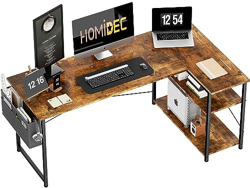 HOMIDEC L Shaped Computer Desk 140CM With Bookshelf - Reversible Corner Study Table for Home Office, Studio, Gaming, Writing Workstation
