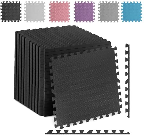 Fk Sports Thick Gym Flooring Mat Leaf 600x600x12mm (Black, 8pcs | 32 sq.ft) Soft Cushion Non-skid mats EVA Rubber foam, Interlocking Puzzle Floor Tiles kids toddlers for home Yoga Workout