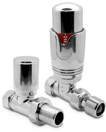 Chrome Straight Modern Thermostatic Radiator Towel Rail Valves Central Heating (Pair) 1/2 BSP