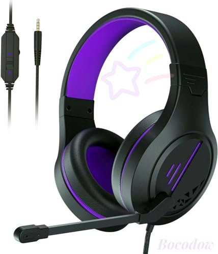 Bocodow Purple Gaming Headset with Microphone for PC Xbox PS4 PS5, Wired Over-Ear Gaming Headphones with Mic Volume Control for Game/Work/School