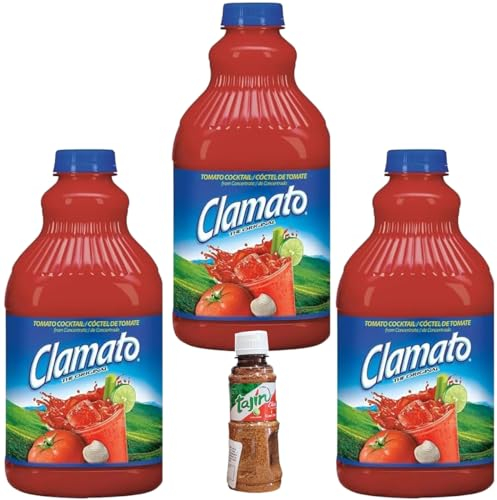 Clamato - Cóctel de tomate concentrado de Zumo de tomate y Almeja 3 uds x 946 ml + regalo Tajin clasico de 142 gr.