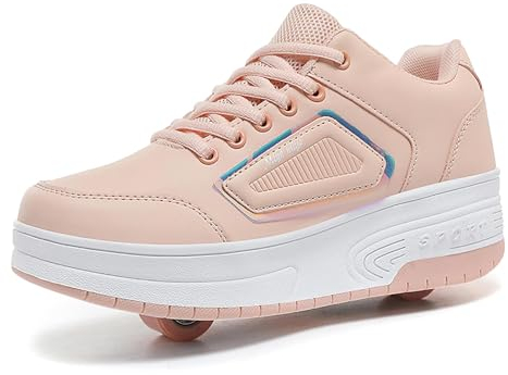 Wttagkl Laufschuhe mit Rollen, Turnschuhe, einziehbare technische Skateboard-Schuhe, modische Skateboard-Schuhe, Rollschuhe, Outdoor-Training, Kinder, Teenager, pink-36EU