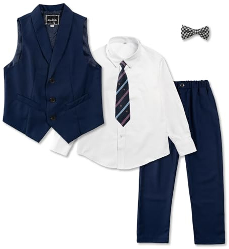 LOLANTA Boys 5-Piece Waistcoat Suit Set, Page Boy Wedding Formal Outfit | Kid Boys Waistcoat Trousers Set with Shirt Bow Tie, Christening Communion Birthday Suits, 2-14 Years
