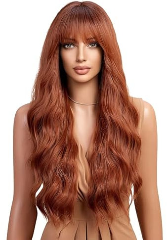 CGVG Orange Perücke mit Pony Lange Lockige Perücke Damen Synthetische Hitzebeständige Perücke für Cosplay Fasching Verabredung Party Wig