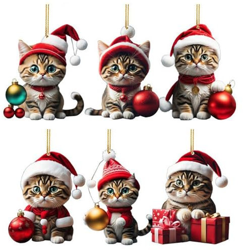 Valicaer Weihnachtsbaum Anhänger,6Pcs Weihnachtsanhänger Katze Weihnachtsschmuck Acryl Anhänger Weihnachten Christbaumschmuck Weihnachts Katzenanhänger für Türen Fenstern Christbaum Schmuck Deko (A)