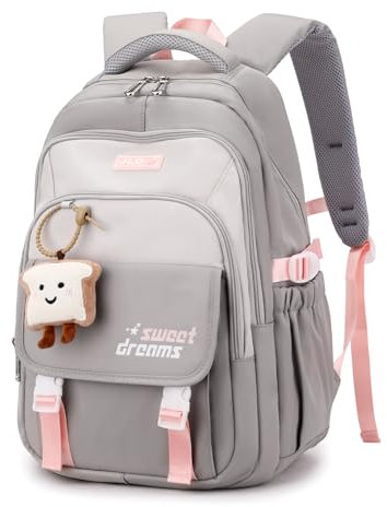 Amythe Schulrucksack Teenager - 36L Schulranzen für Mädchen ab 5. Klasse, Großer Rucksack für Mittel- und Oberstufe, Lässiger Kinderrucksack mit Süßem Anhänger und Trolleyband, Grau