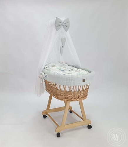 Moseskorb Lena mit Gestell, Matratze Baldachin und Bettwäsche aus Waffelstoff | Leisen Rädern, handgefertigter Baby - Schlafkorb