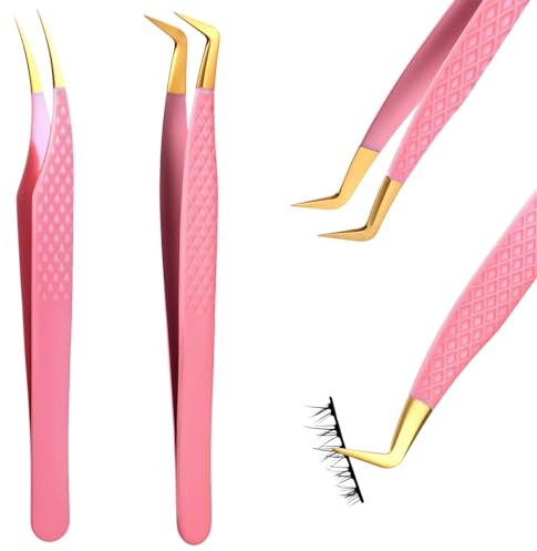 TIESOME 2 Stück Wimpern Pinzette Set, Edelstahl Gerade und Gebogene Pinzetten Professionelle Wimpernpinzette für Wimpernverlängerungen Präzisionspinzette für Wimpern Rosa