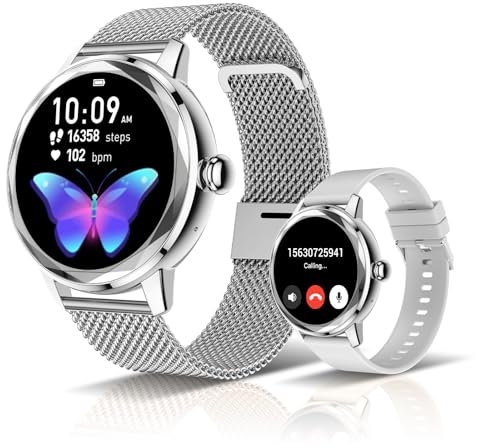LES FLEURS Smartwatch Damen 1,19 Touchscreen Fitnessuhr mit Bluetooth Telefonfunktion, IP67 Wasserdicht, SpO2/Schlafmonitor, Menstruationszyklus-Tracker, Atmungsrate, Silber (Deutsch Unterstützt)