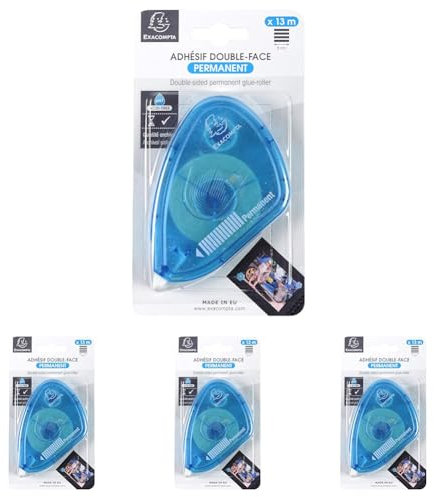 EXACOMPTA - Réf. 12996E - 1 Dérouleur d'adhésif double-face permanent pour photos - Longueur : 13 m - dérouleur de couleur turquoise - Adhésif permanent prédécoupé (Lot de 4)