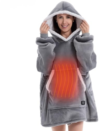 JNTFNE Manta eléctrica con capucha y calefacción USB con 3 niveles de calefacción, forro polar, mullida, cálida, bata para adultos (azul marino, controlador con cable)