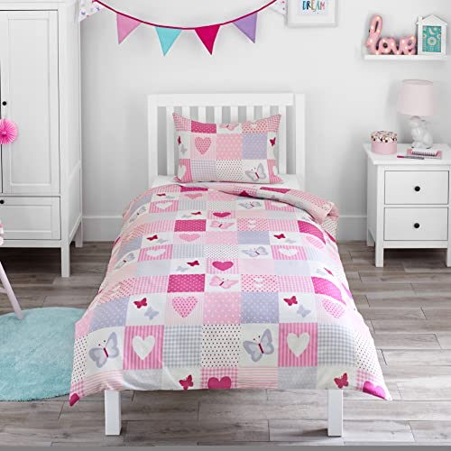 Bloomsbury Mill - Kinderbettwäsche 135x200 - Herzen & Schmetterlingen - Bettwäsche Mädchen 135x200 - Kinder Wendebettwäsche und Kissenbezug Set - Rosa & Lila Einzelbettwäsche-Set