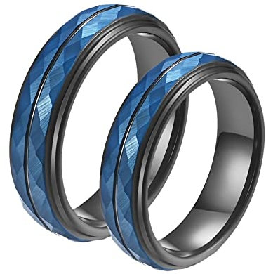 Homxi Verlobungsringe Paar mit Gravur,Wolfram Ringe Paar 6MM Blau Schwarz Ring mit Rund Poliert Trauring Paar Damen 54 (17.2) + Herren 60 (19.1)