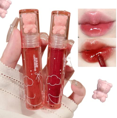 MMcute 2Pcs Bear Lip Glaze Jelly Lipstick,Liquid Lipstick Cute Bear Lipgloss Moisturizing Lip Stain Plumping Water Lip Gloss Waterproof Long Lasting Cheek Rouge Tint Cosmetics Bear Beauty Makeup