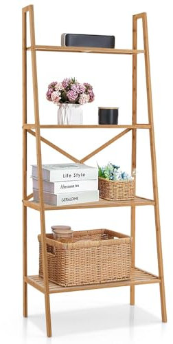 CASART 4-Tier Ladder Bookshelf, Freestanding Bamboo Storage Rack with Anti-tipping Device, Storage Shelving Unit Plant Display Shelf for Living Room Bedroom Kitchen Balcony