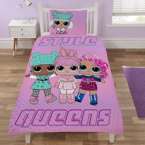 L.O.L. Surprise! Bettwäsche-Set für Einzelbett – 100 % Baumwolle & 40 % Polyester – Wendbares Design – Atmungsaktiv & Bequem – Niedliches Style Queens Design mit LOL Puppen
