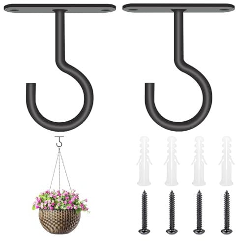 Eophmi Hanging Basket Hooks 2 Pcs Heavy Duty Hooks for Hanging Baskets Ceiling Hook for Plants Baskets Bird Feeders Flower Pots Lanterns (Black)