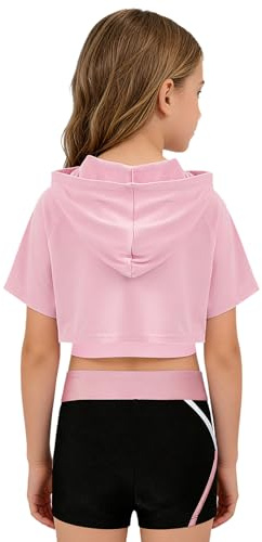 Linjinx Enfant Fille Ensemble Patinage Artistique Justaucorps Gymnastique Manches Courtes Sweat à Capuche + Brassière Sport + Short de Danse Yoga Sportswear 5-16 ans