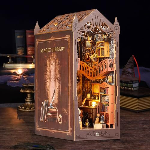 Mineup DIY Book Nook Kit, DIY Maison de poupée Miniature, Puzzle 3D en Bois avec Capteur De Lumière LED, Magique Serre-Livres Dart, Kit de modélisation pour Adultes (Magic Library)