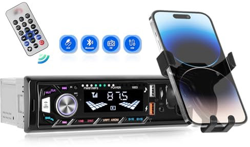 CAMECHO 1 Din Car Radio Bluetooth Handsfree, Single Din Car Stereo System with Phone Holder, MP3 Player Support FM Radio, Dual USB TF AUX Input, Colorful Lighting