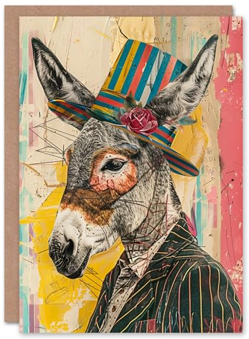 Artery8 Donkey With Top Hat Colourful Mixed Media Collage Blank For Him Or Her Art Birthday Card
