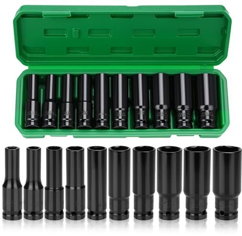 Nutmanel 10 pcs, douille longue 1/2, 6 pans, douille a choc vec boîte de rangement, a épaissi, jeu de clés hexagonales intérieures pour Réparation Auto 8-24mm