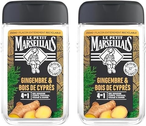 Le Petit Marseillais | Gel Douche Homme Gingembre & Bois de Cyprès (flacon de 250 ml) – Formule 4 en 1 corps, cheveux, visage & barbe – 92% d'ingrédients d'origine naturelle et pH neutre (Lot de 2)