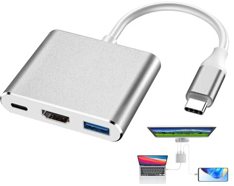 Huybaa Adattatore USB C a HDM1 4K, Hub USB C 3-in-1, Adattatore Tipo C a HDTV, Multiport AV Convertitore Con Porte USB 3.0 per Smartphone/Proiettore/Monitor (Argentato)