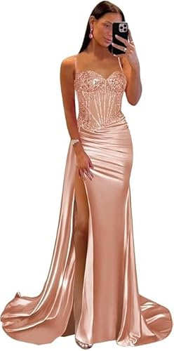 Satin Ballkleider Meerjungfrau Plissee Langes Ballkleid mit Schlitz Spitze Applikationen Korsett Abendkleid Formelles Kleid Rose Gold XS