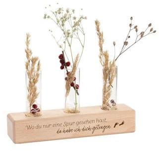Vasenständer Spuren im Sand: Blumen- und Gräservase mit 1 Glaseinsatz - Ermutigende Deko: Holz-Vase mit Reagenzgläsern und hochwertiger Gravur als Geschenk mit Spruch (Wood-Art)