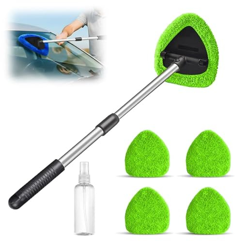 Snrtevu Kit de Nettoyage pour Vitres, Brosse de Nettoyage Extensible à 180° avec Manche, 4 Tampons et 1 Vaporisateur, Brosse Pare Brise Voiture Interieur, Roulez Clair Tout l’Hive (Vert)