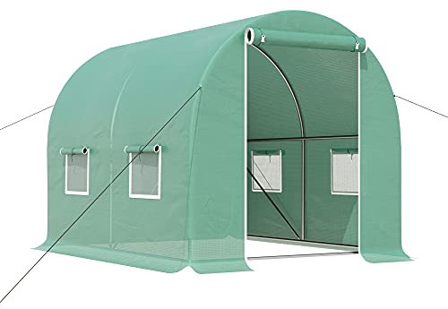 Outsunny Invernadero de Túnel 3x2x2 m Invernadero Grande con 4 Ventanas para Cultivos Plantas Verduras Flores en Huerto Cubierta PE 140 g/㎡ Verde