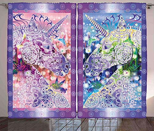 ABAKUHAUS Einhorn Rustikaler Gardine, Myhtical Pferde Blumen, Schlafzimmer Kräuselband Vorhang mit Schlaufen und Haken, 280 x 225 cm, Lila Rosa
