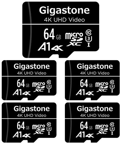 GIGASTONE Micro sd 64 GB, Set da 5, A1 U3 4K, per Telefono Fotocamere Videocamere Dashcam GoPro DJI Drone Fino a 95/35 MB/s (R/W) con Adattatore Scheda Micro SD