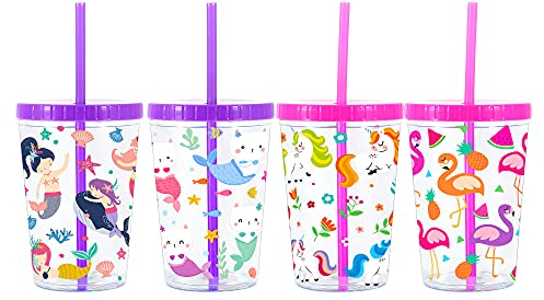 Home Tune Trinkflasche für Kinder Tumbler Wasser Trinkbecher - BPA frei, Stroh Deckel Becher, wiederverwendbar, leicht, Spill Proof Wasserflasche - Flamingo, Kitty Meerjungfrau, Einhorn 470ml 4 Pack