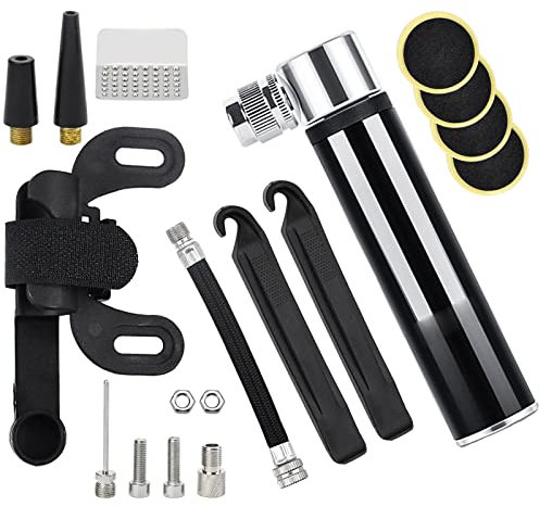 Mini Bomba de Bicicleta, 120 PSI, Bomba de Aire Bicicleta con Manómetro y Kit de Reparación de Pinchazos para Válvula de Presta y Schrader, para Bicicletas de Carretera, Montaña y BMX