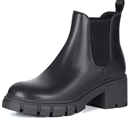 Athlefit Women's Chelsea Boots Fashion Lug Sole Chunky Heel Slip on Elastic Ankle Black Booties Size 8
