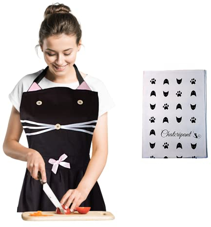 Tablier de Cuisine Femme Motif Chat Noir Gants Maniques Anti Chaleur Four Torchon Idée Cadeau Humour Rigolo Drole Design Fantaisie Chic Adulte Fille Maman Anniversaire (Tablier et torchon)